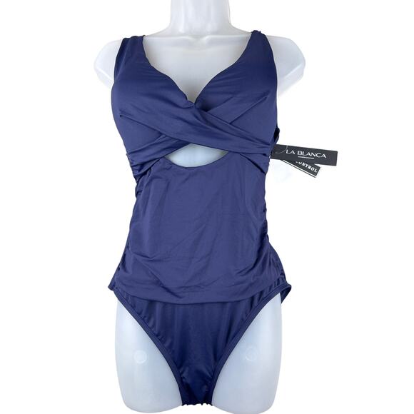 La Blanca Swimsuit One Piece Size 12 Island Goddess Indigo Cross Front Keyhole - Picture 3 of 8